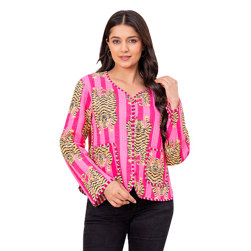 Pink Cotton Reversible Light Weight Quilted Short Jacket